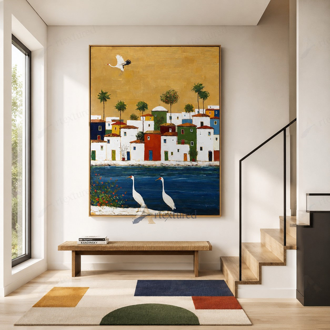 Golden Mediterranean Village Wall Art – Hand-Painted Coastal Canvas#wp261075