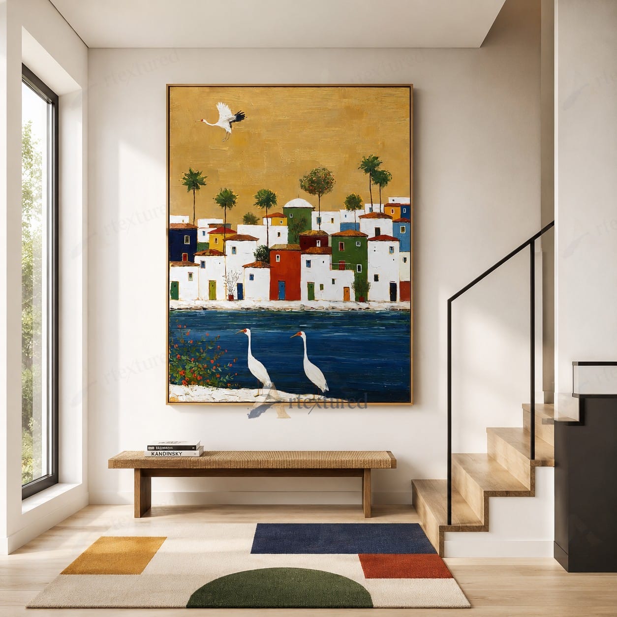 Golden Mediterranean Village Wall Art – Hand-Painted Coastal Canvas#wp261075