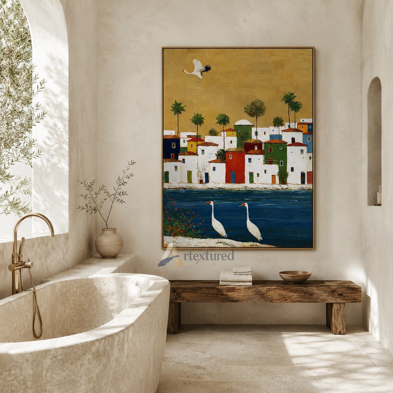 Golden Mediterranean Village Wall Art – Hand-Painted Coastal Canvas#wp261075