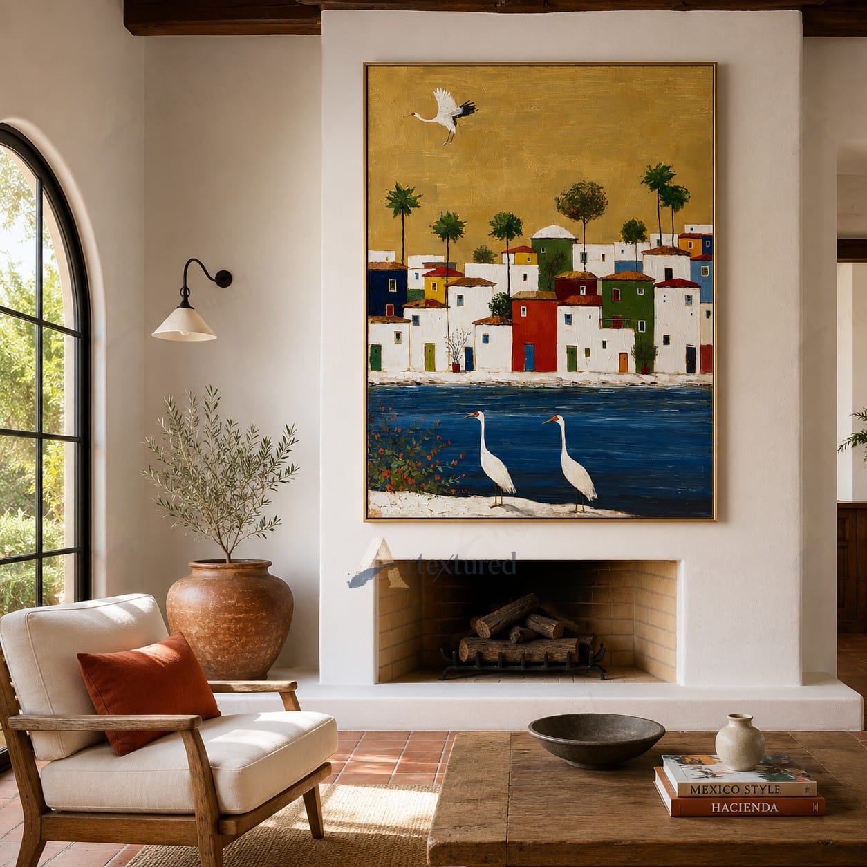 Golden Mediterranean Village Wall Art – Hand-Painted Coastal Canvas#wp261075