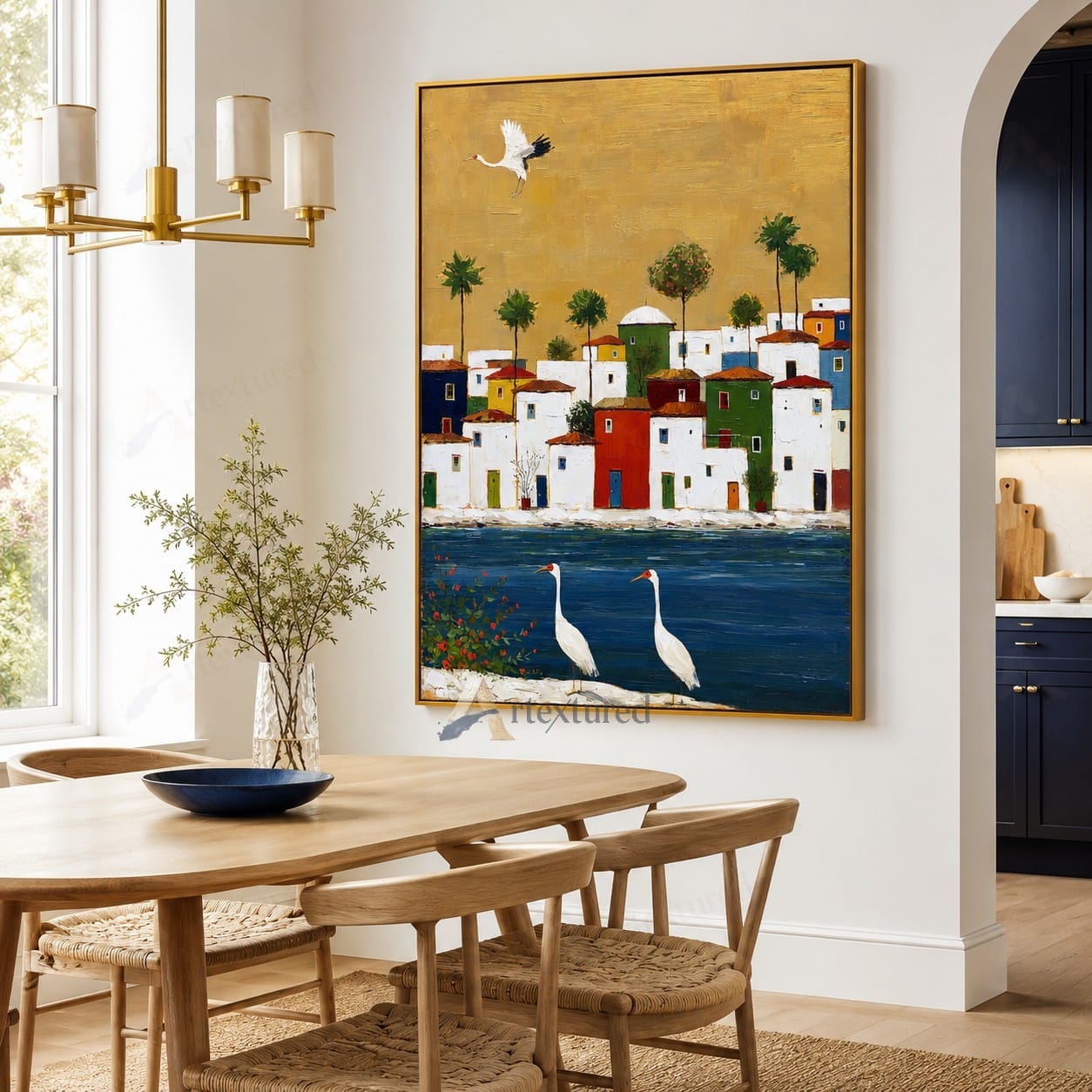 Golden Mediterranean Village Wall Art – Hand-Painted Coastal Canvas#wp261075