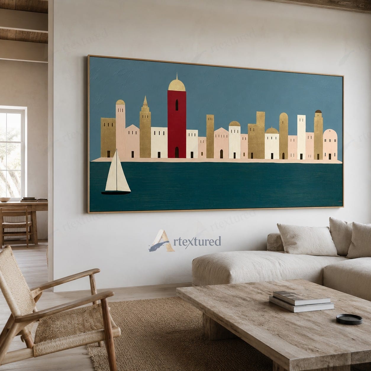 Minimalist Coastal Skyline Wall Art – Hand-Painted Panoramic Canvas#wp261076