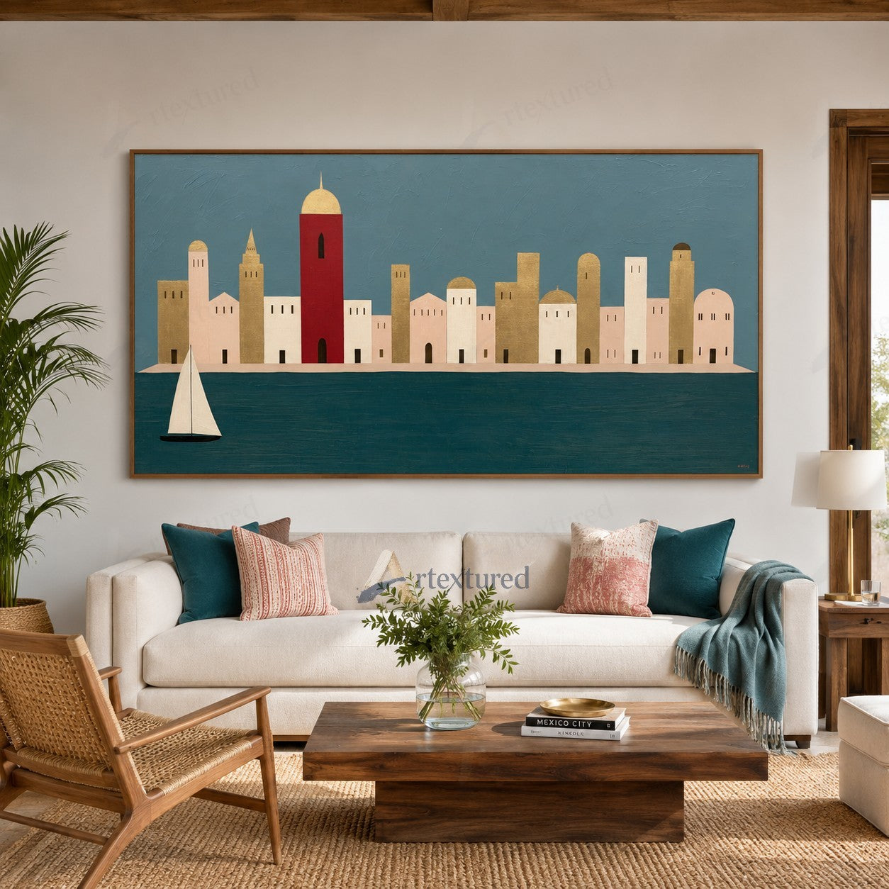 Minimalist Coastal Skyline Wall Art – Hand-Painted Panoramic Canvas#wp261076