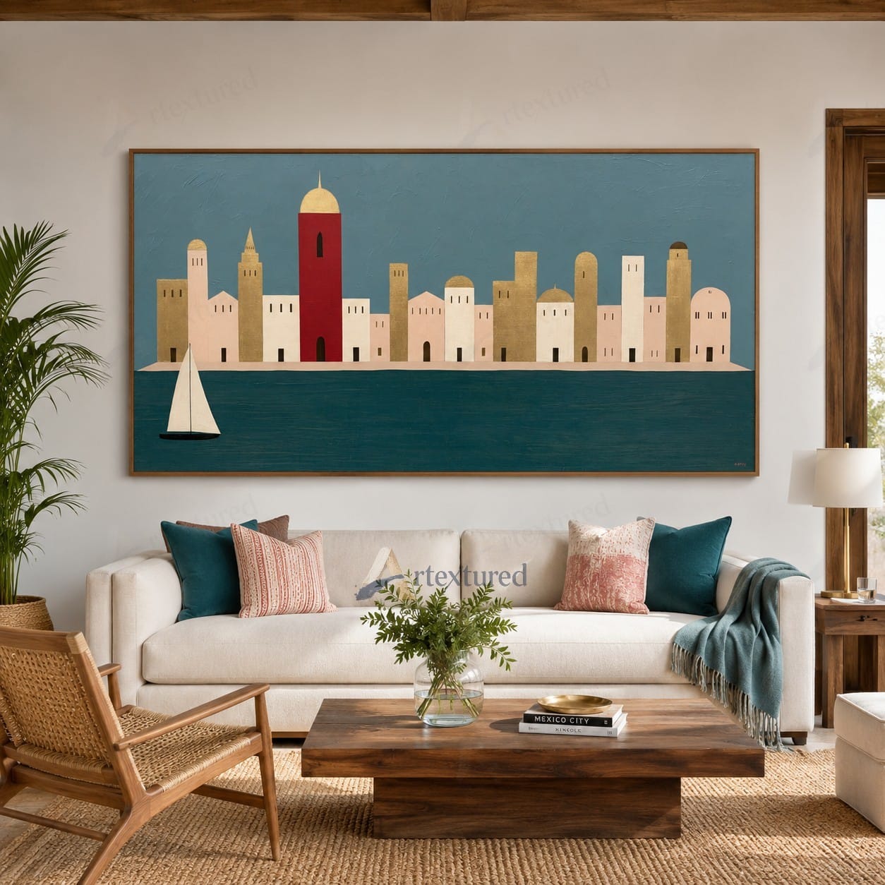 Minimalist Coastal Skyline Wall Art – Hand-Painted Panoramic Canvas#wp261076