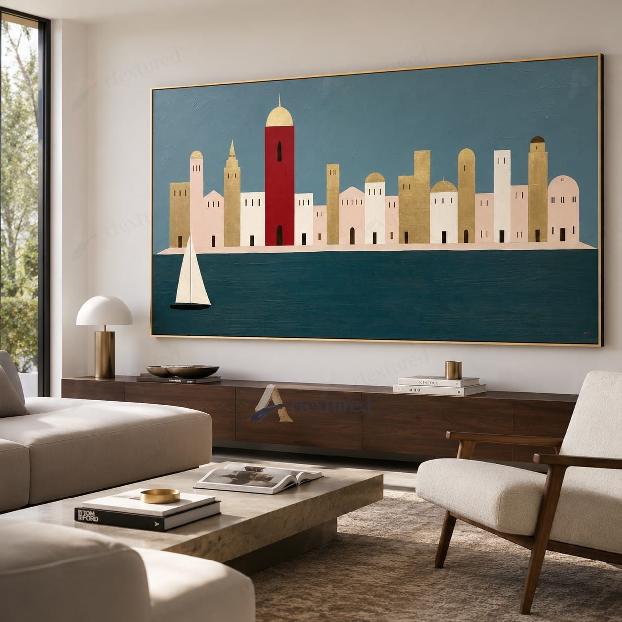 Minimalist Coastal Skyline Wall Art – Hand-Painted Panoramic Canvas#wp261076