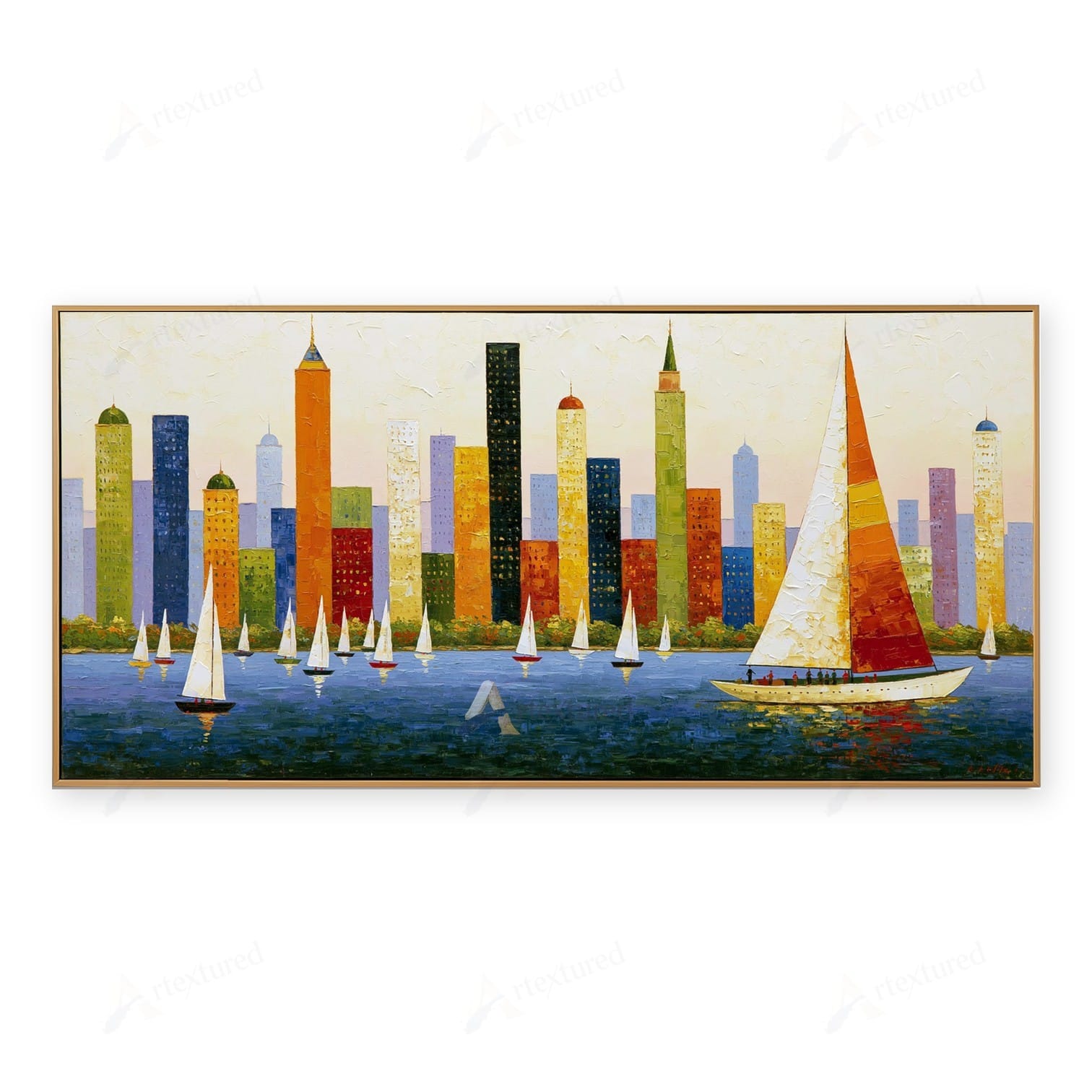 Colorful City Skyline Sailboat Wall Art – Hand-Painted Panoramic Canvas#wp261077