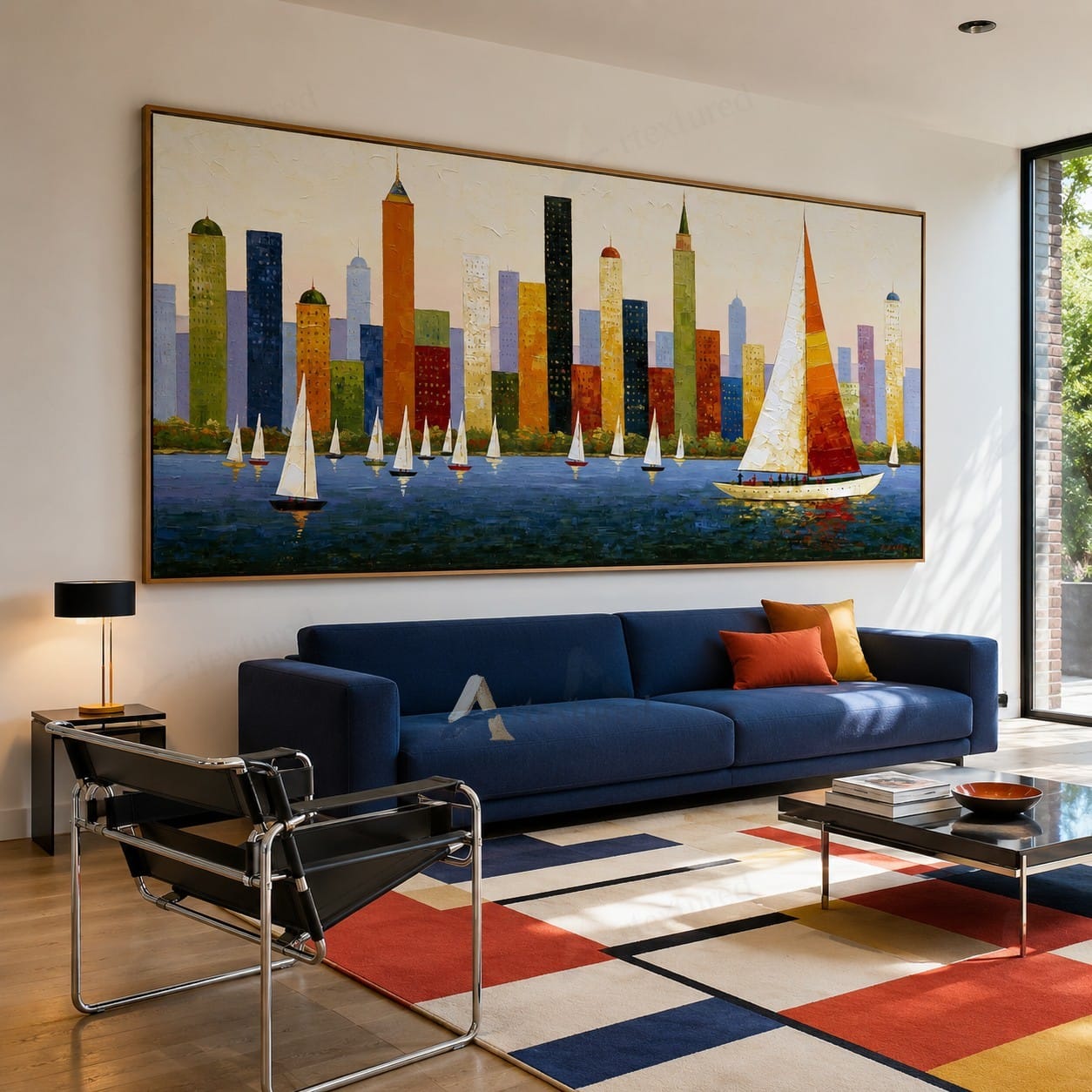 Colorful City Skyline Sailboat Wall Art – Hand-Painted Panoramic Canvas#wp261077