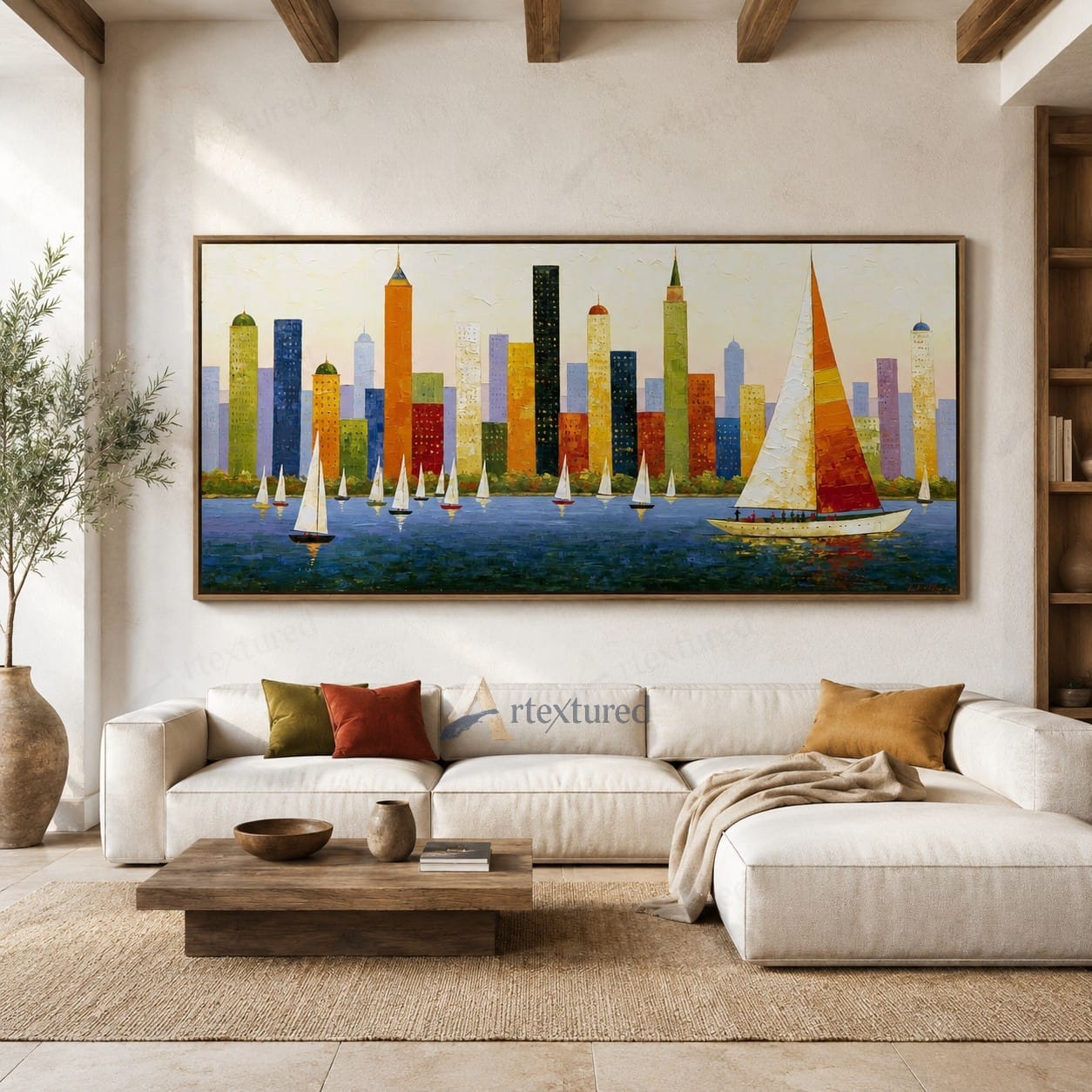 Colorful City Skyline Sailboat Wall Art – Hand-Painted Panoramic Canvas#wp261077