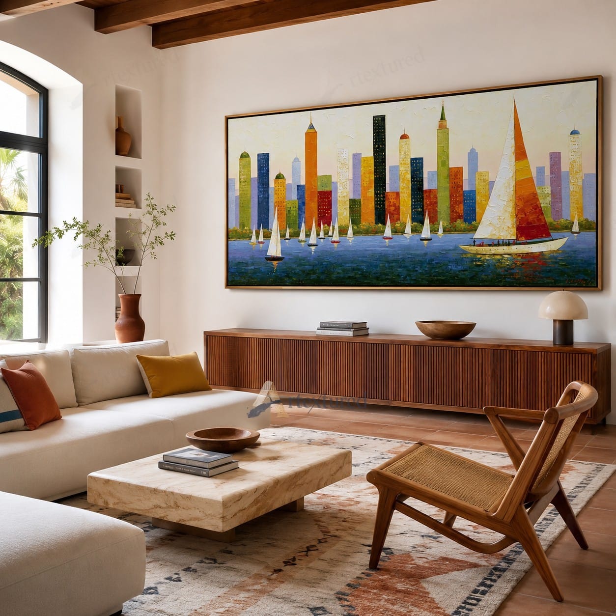 Colorful City Skyline Sailboat Wall Art – Hand-Painted Panoramic Canvas#wp261077