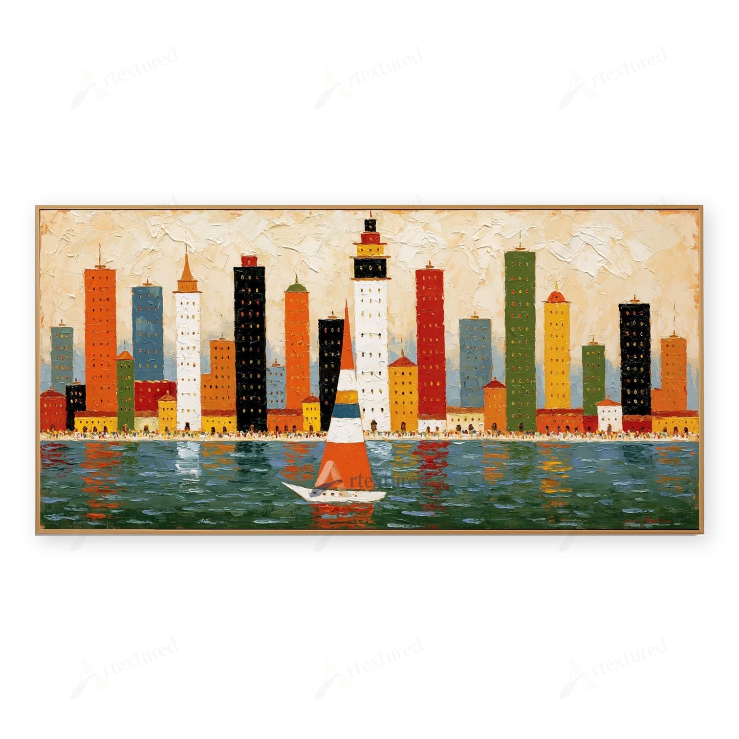 Colorful Skyline Sailboat Wall Art – Hand-Painted Panoramic Canvas#wp261078