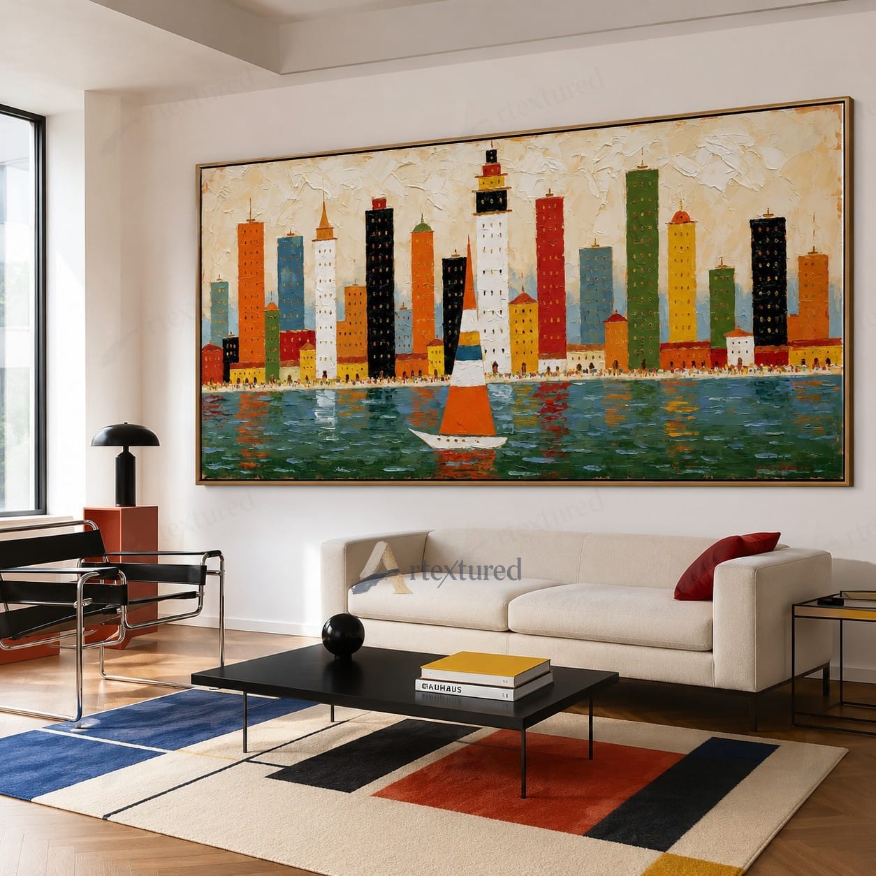 Colorful Skyline Sailboat Wall Art – Hand-Painted Panoramic Canvas#wp261078