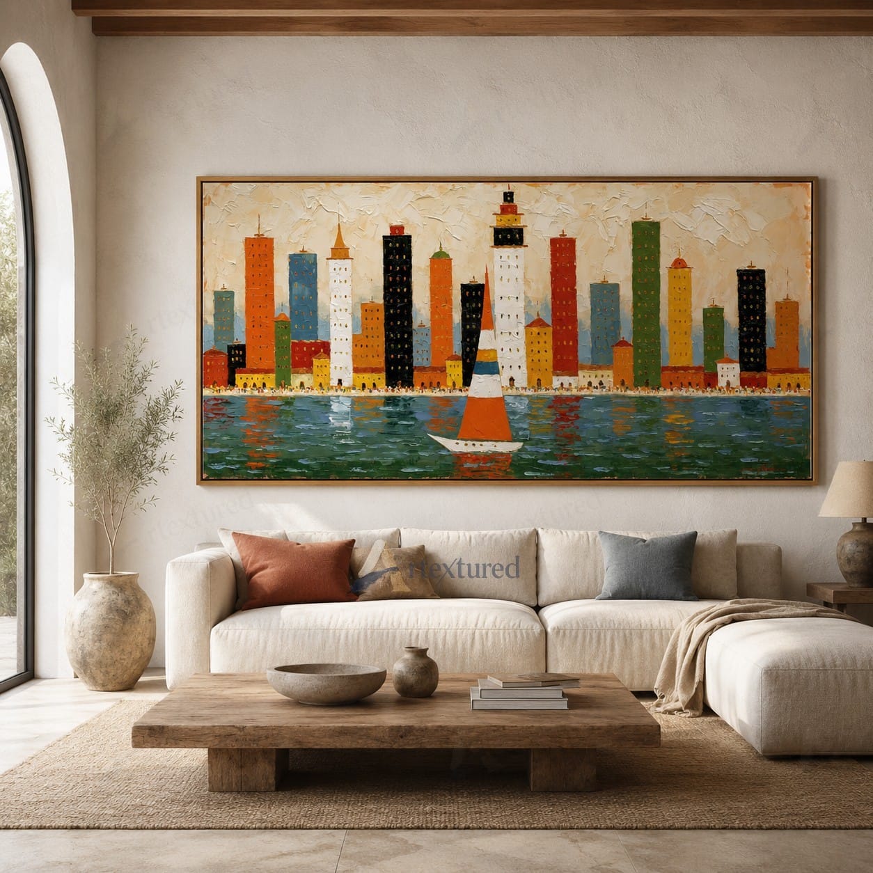 Colorful Skyline Sailboat Wall Art – Hand-Painted Panoramic Canvas#wp261078