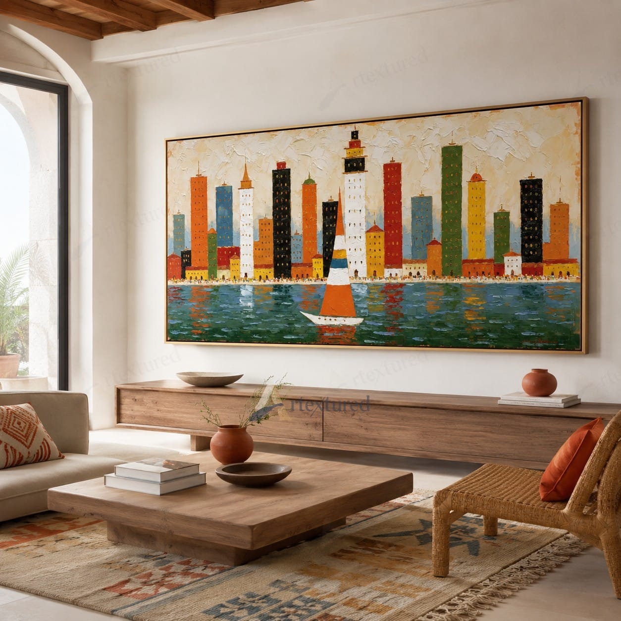 Colorful Skyline Sailboat Wall Art – Hand-Painted Panoramic Canvas#wp261078