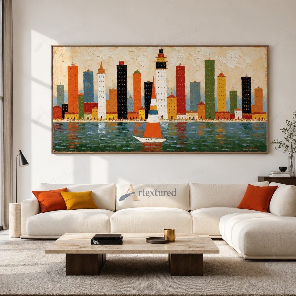 Colorful Skyline Sailboat Wall Art – Hand-Painted Panoramic Canvas#wp261078