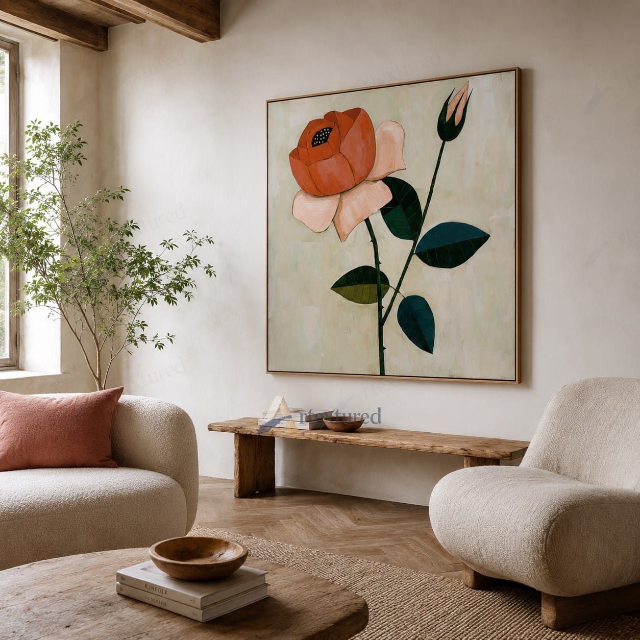 Modern Red Flower Wall Art – Hand-Painted Botanical Canvas#wp261079