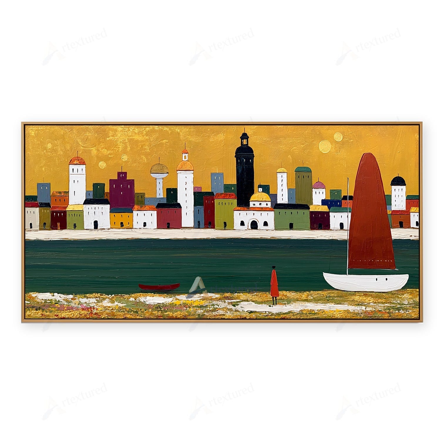 Golden Harbor Sailboat Wall Art – Hand-Painted Panoramic Canvas#wp261081