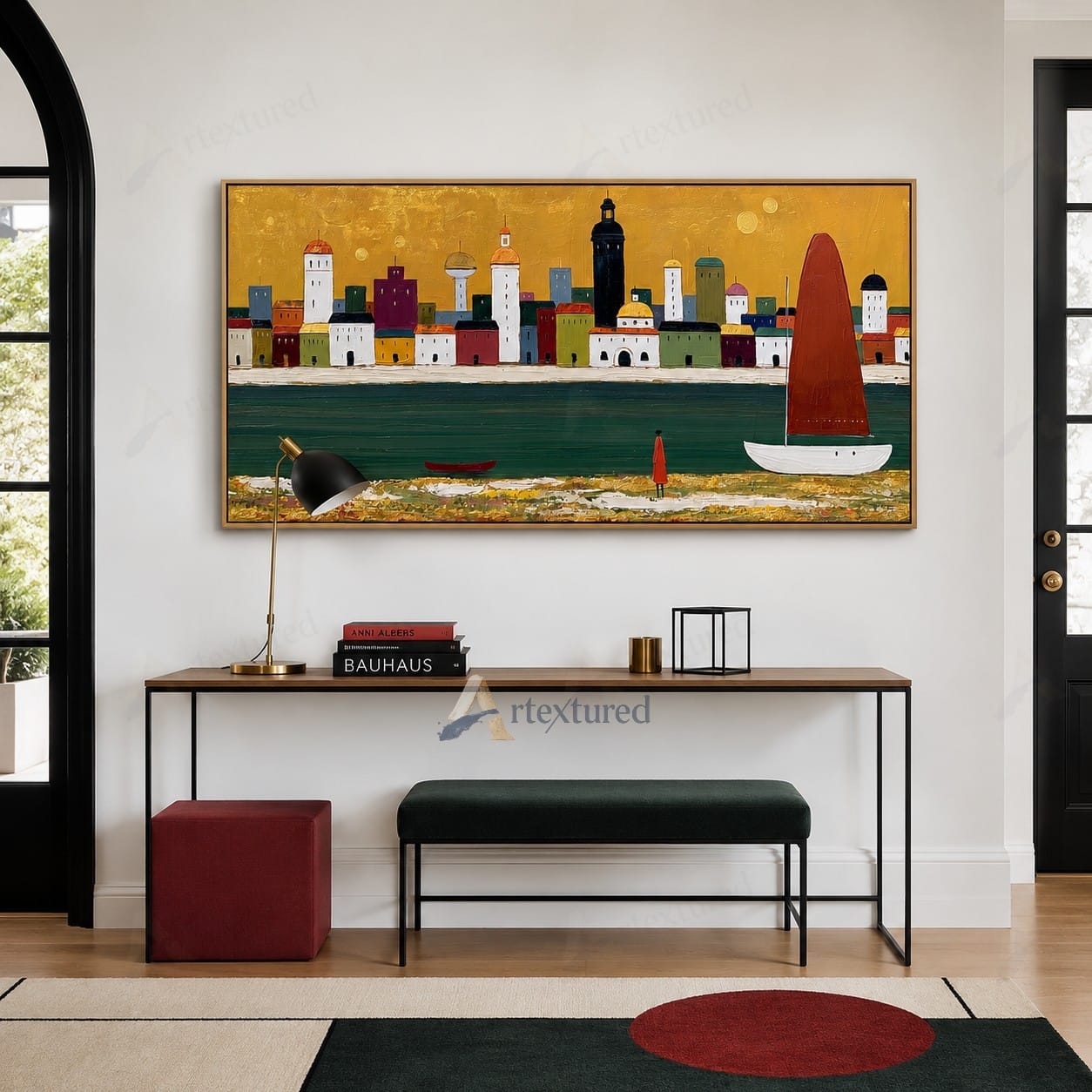 Golden Harbor Sailboat Wall Art – Hand-Painted Panoramic Canvas#wp261081