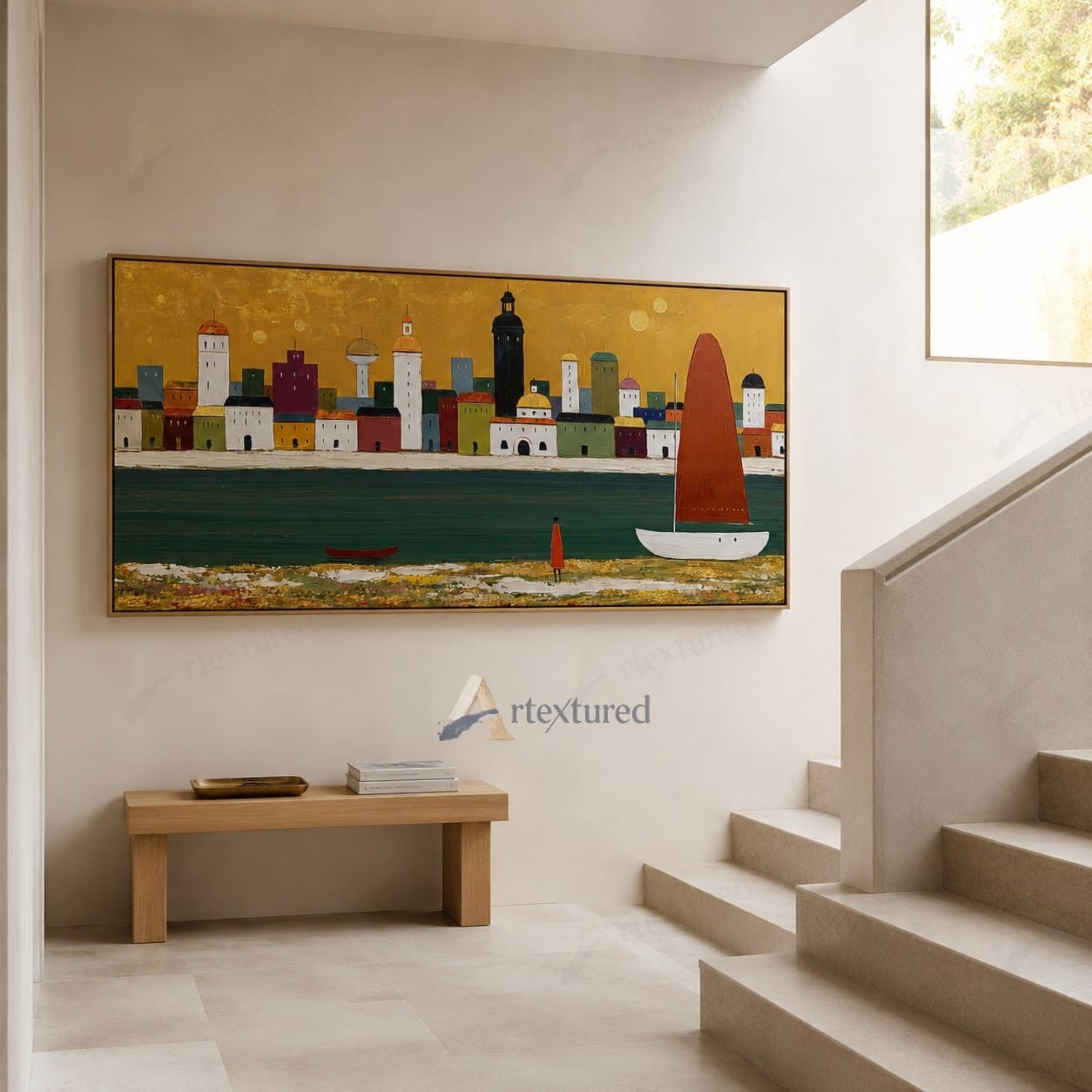 Golden Harbor Sailboat Wall Art – Hand-Painted Panoramic Canvas#wp261081