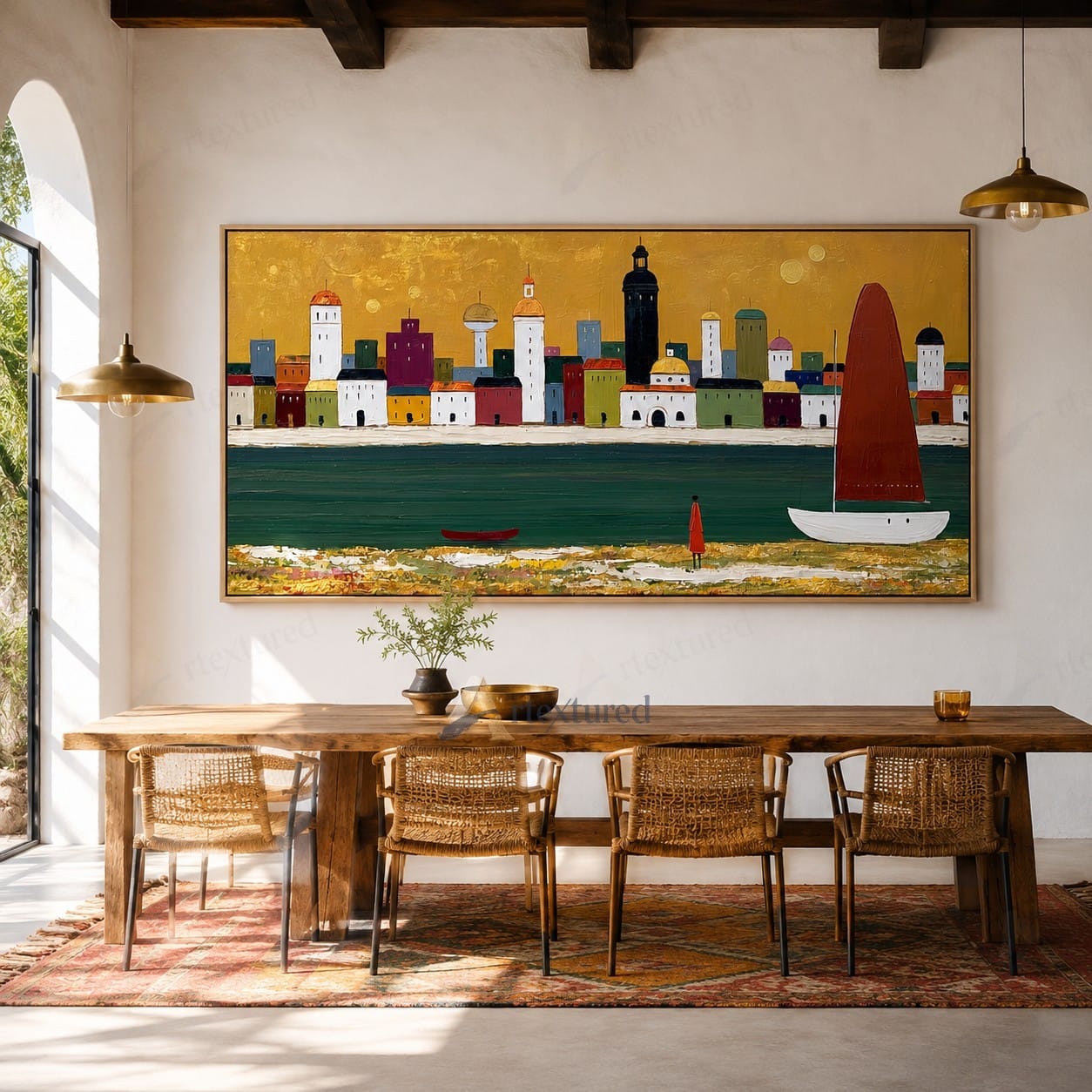 Golden Harbor Sailboat Wall Art – Hand-Painted Panoramic Canvas#wp261081