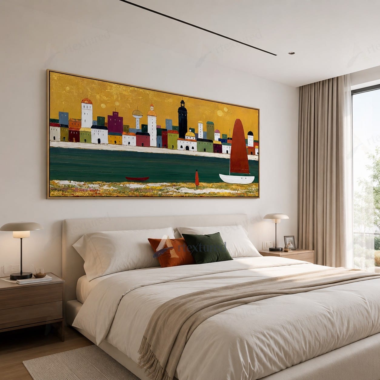 Golden Harbor Sailboat Wall Art – Hand-Painted Panoramic Canvas#wp261081