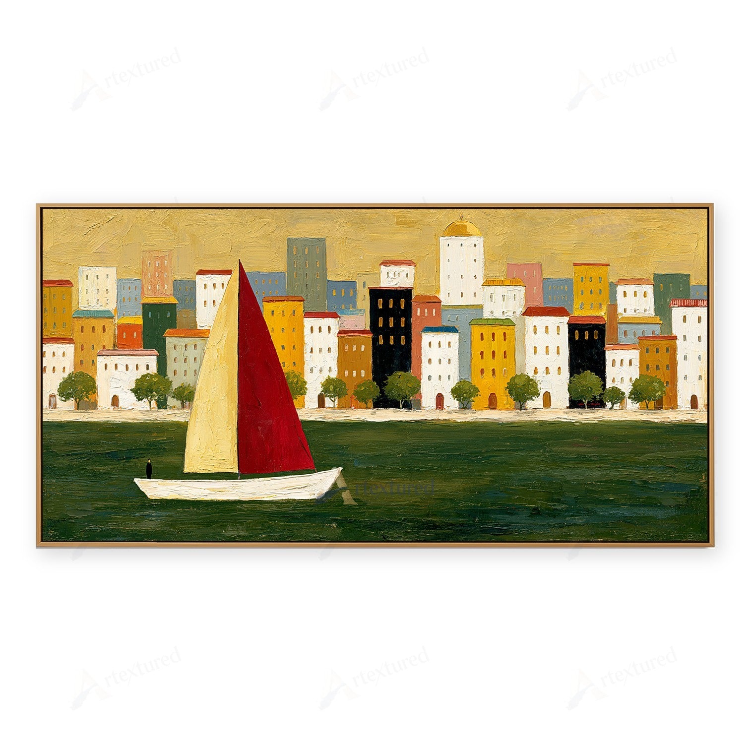 Red Sailboat Cityscape Wall Art – Hand-Painted Panoramic Canvas#wp261082