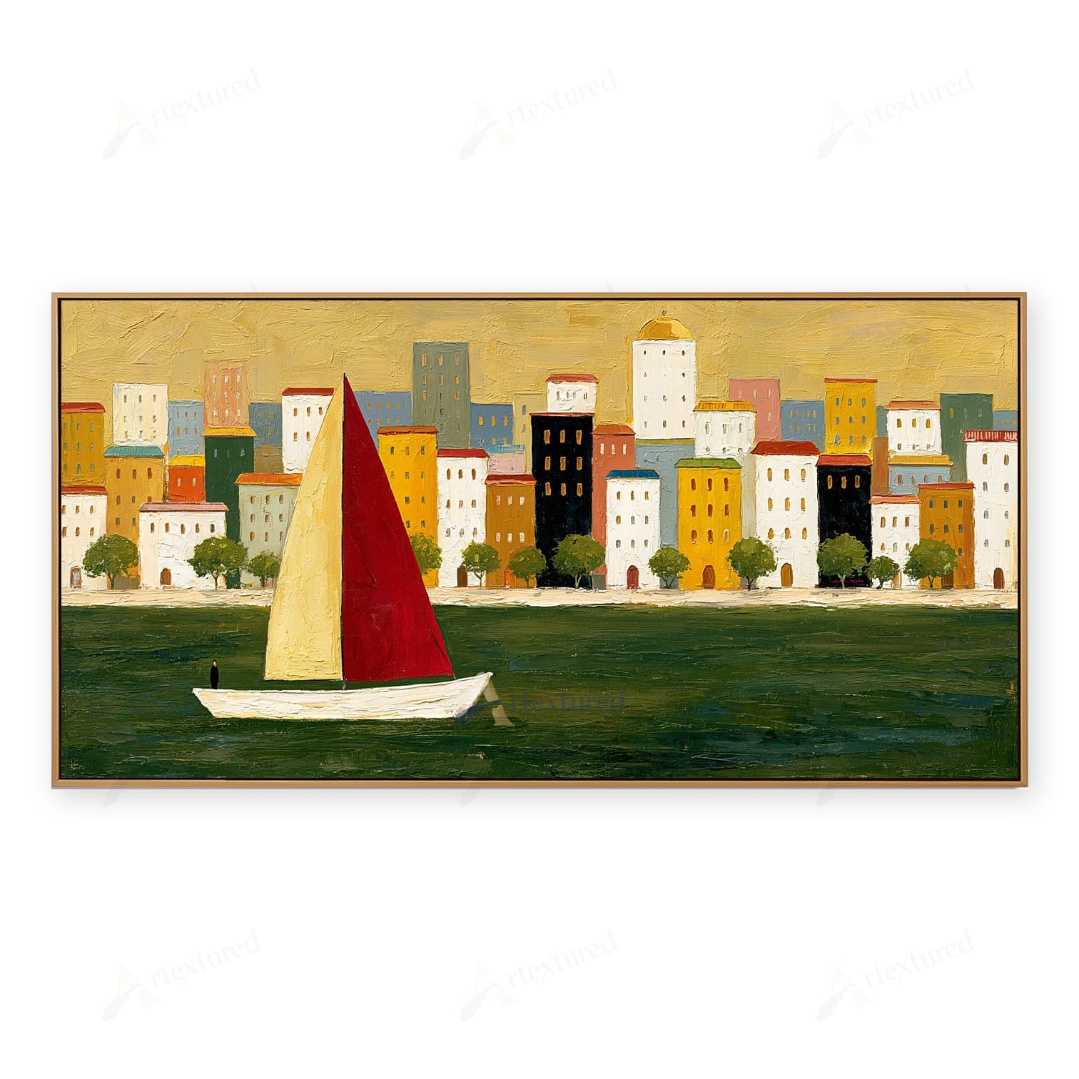 Red Sailboat Cityscape Wall Art – Hand-Painted Panoramic Canvas#wp261082