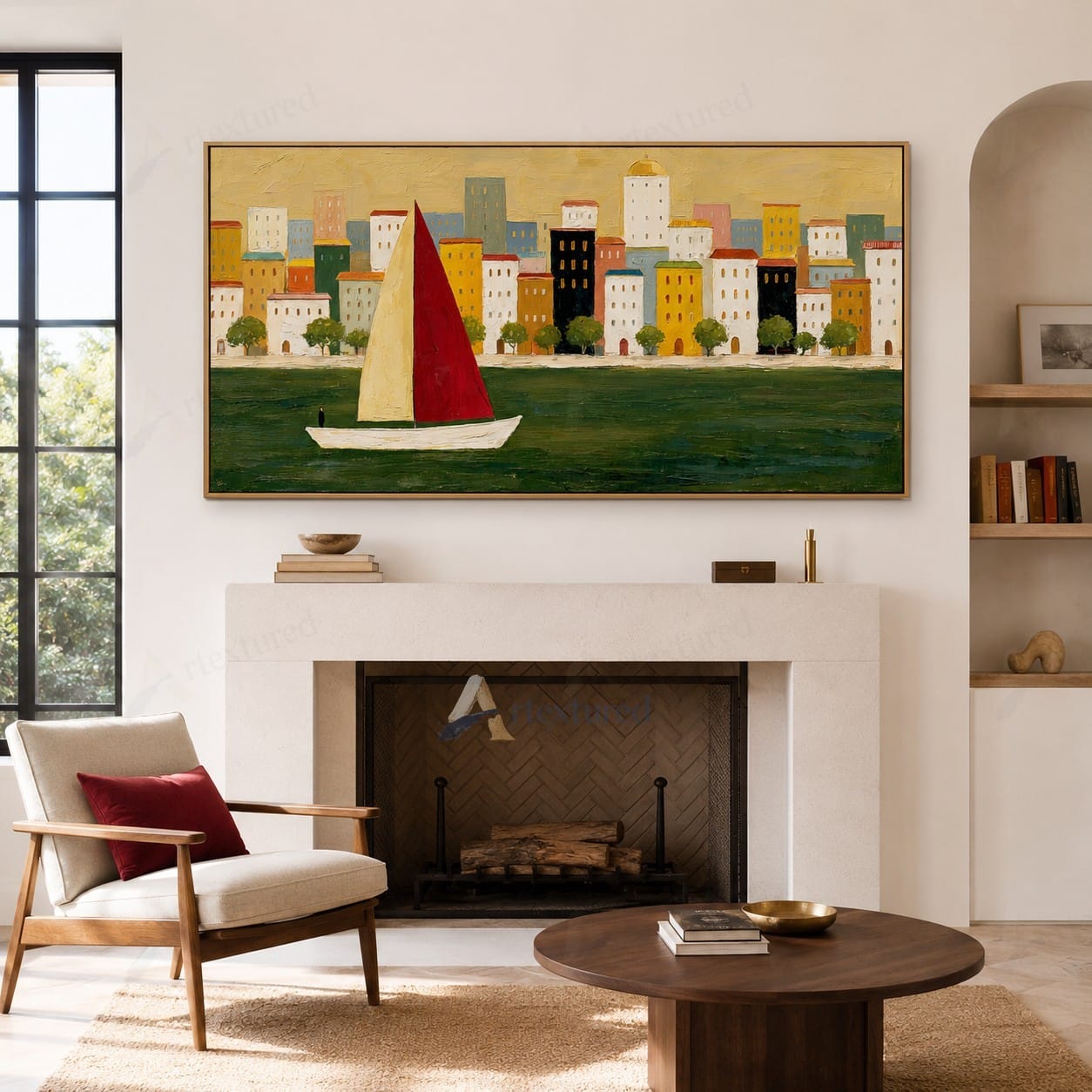 Red Sailboat Cityscape Wall Art – Hand-Painted Panoramic Canvas#wp261082