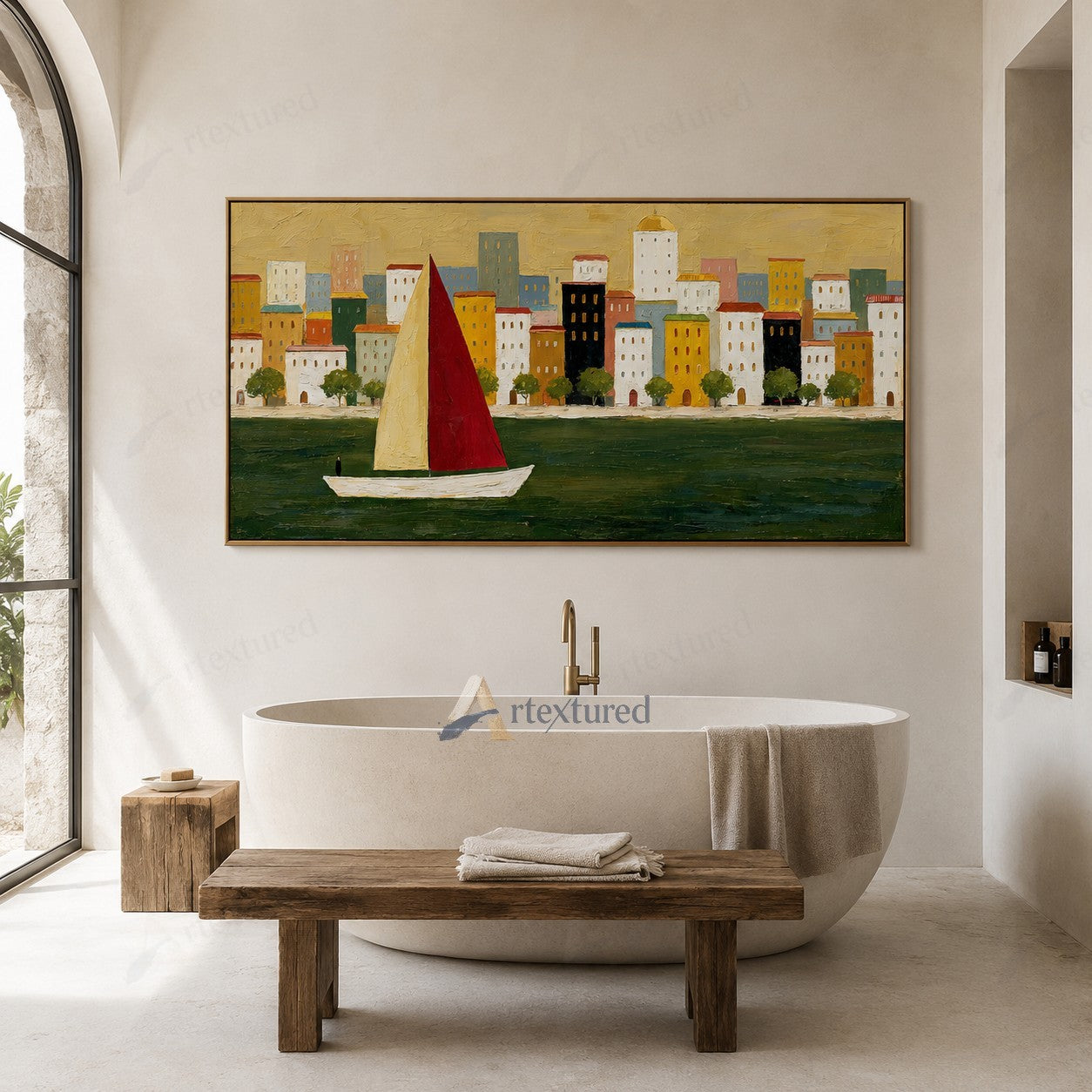 Red Sailboat Cityscape Wall Art – Hand-Painted Panoramic Canvas#wp261082