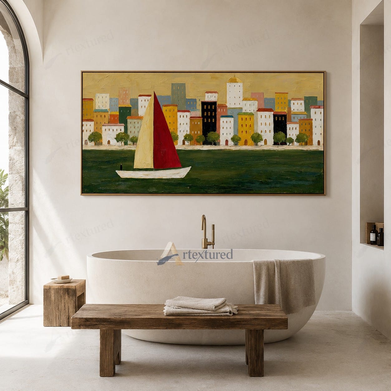 Red Sailboat Cityscape Wall Art – Hand-Painted Panoramic Canvas#wp261082