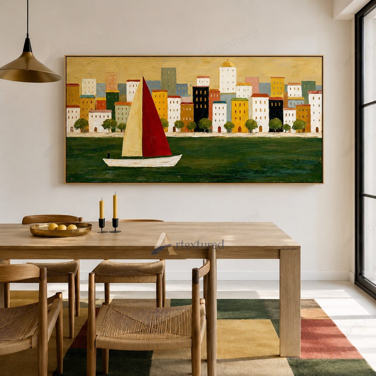 Red Sailboat Cityscape Wall Art – Hand-Painted Panoramic Canvas#wp261082