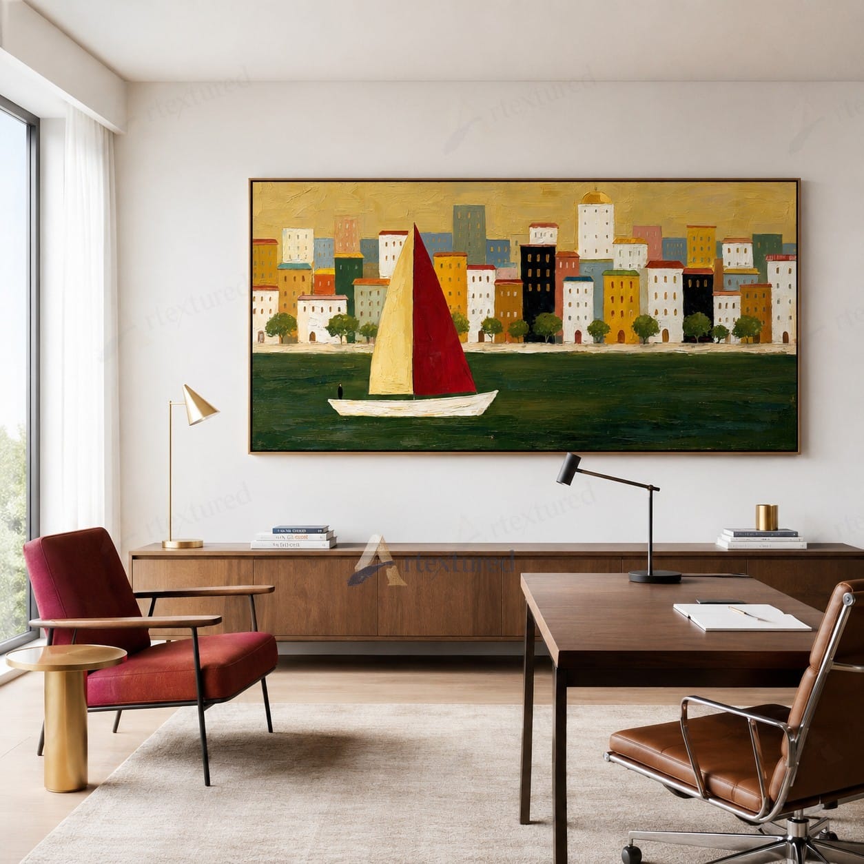 Red Sailboat Cityscape Wall Art – Hand-Painted Panoramic Canvas#wp261082