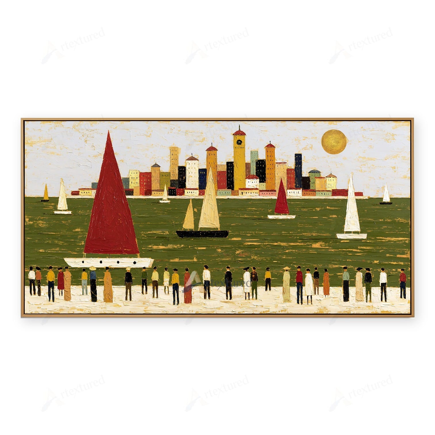 Red Sailboat Harbor Wall Art – Hand-Painted Panoramic Canvas#wp261083
