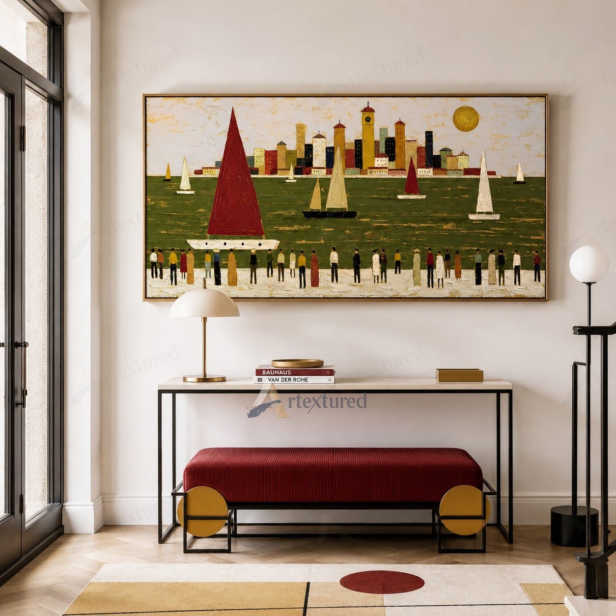 Red Sailboat Harbor Wall Art – Hand-Painted Panoramic Canvas#wp261083