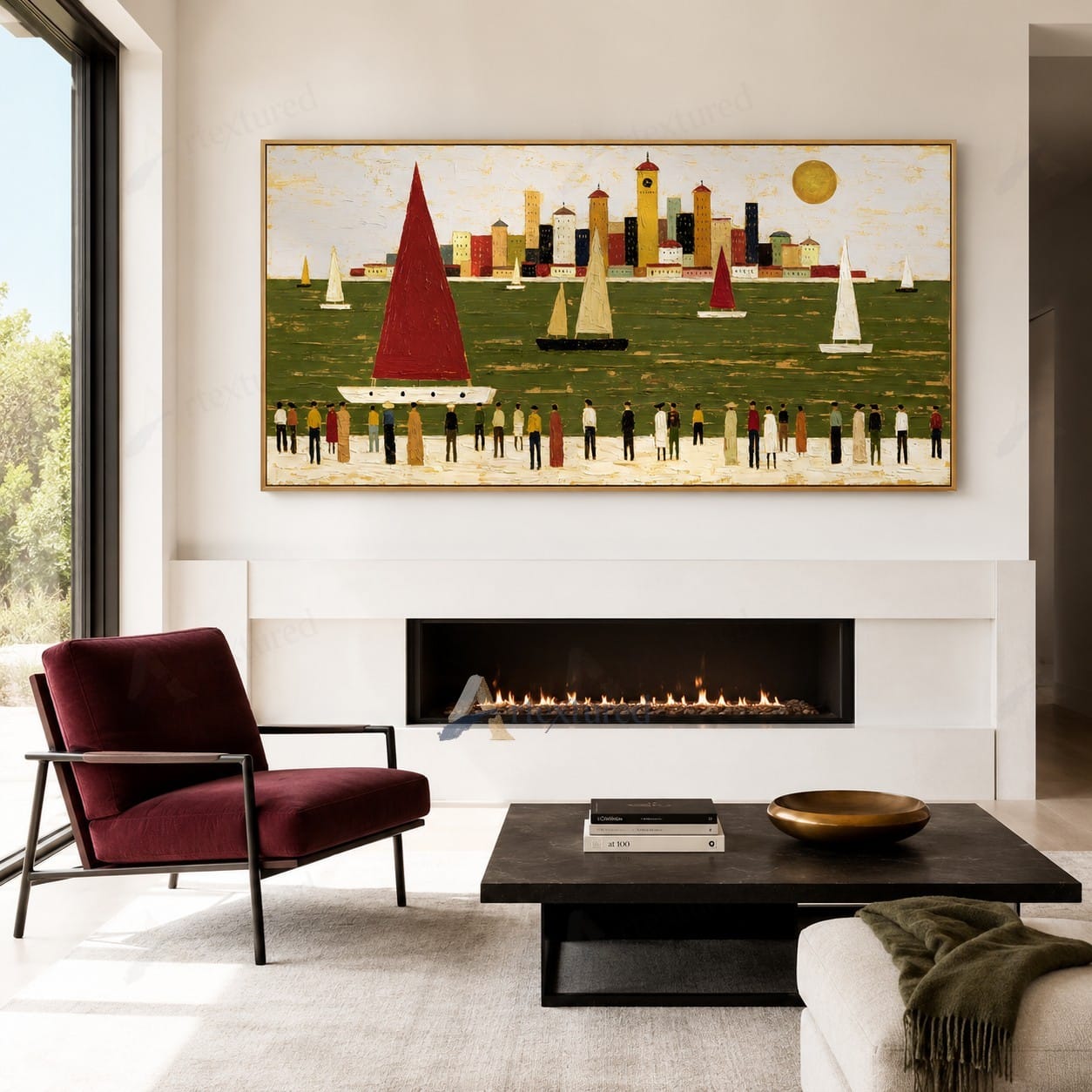 Red Sailboat Harbor Wall Art – Hand-Painted Panoramic Canvas#wp261083