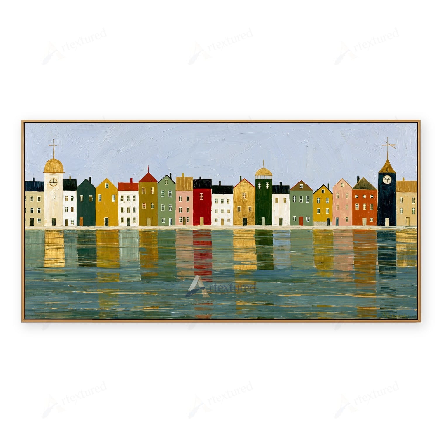 Colorful Waterfront Town Wall Art – Hand-Painted Panoramic Canvas#wp261084