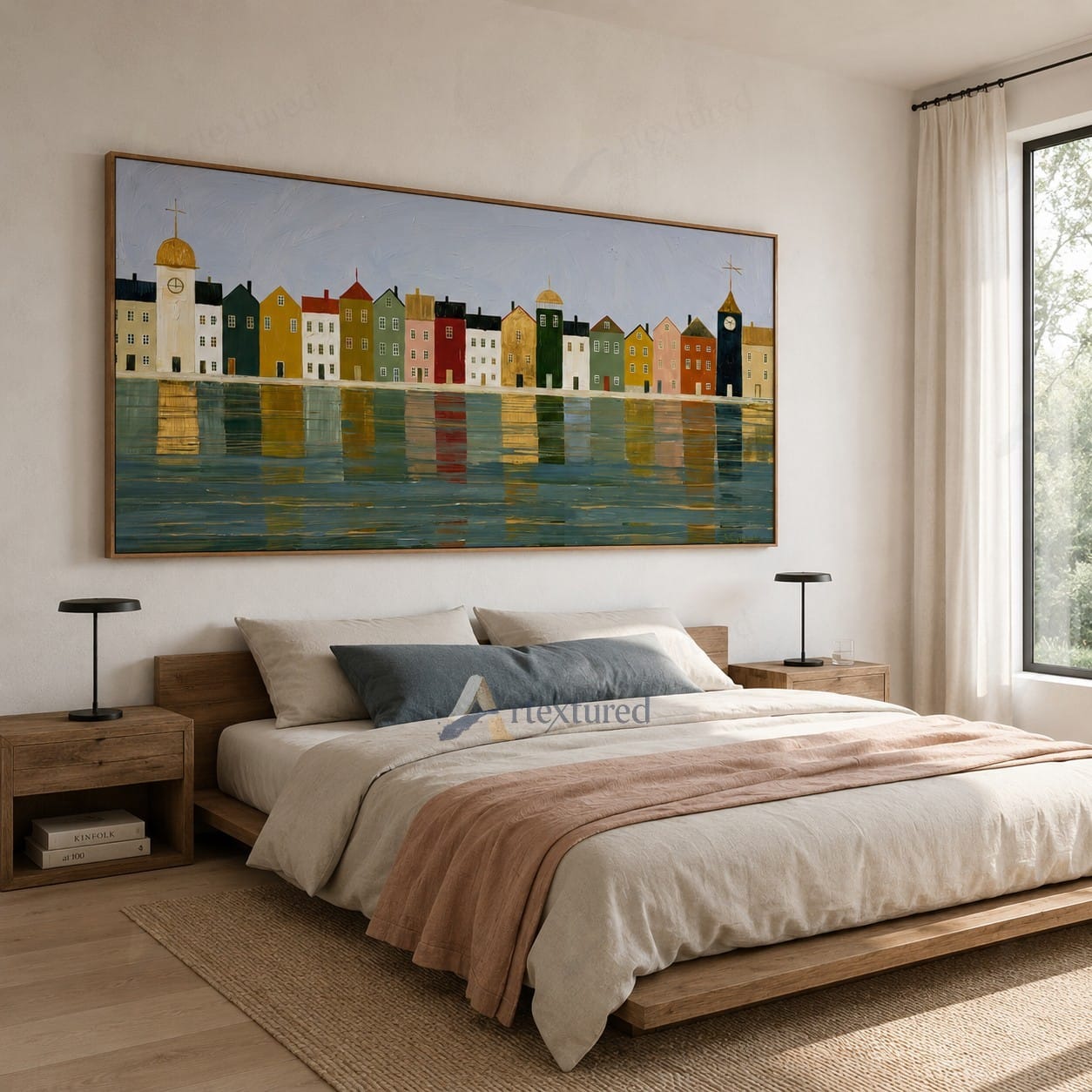 Colorful Waterfront Town Wall Art – Hand-Painted Panoramic Canvas#wp261084