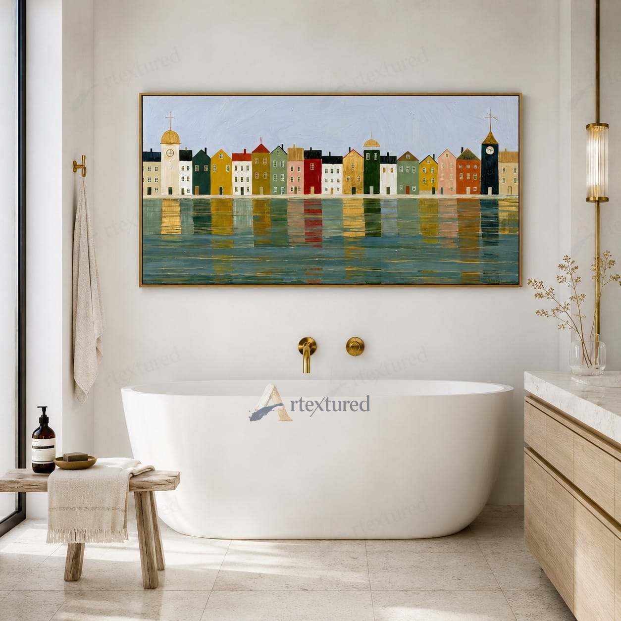 Colorful Waterfront Town Wall Art – Hand-Painted Panoramic Canvas#wp261084