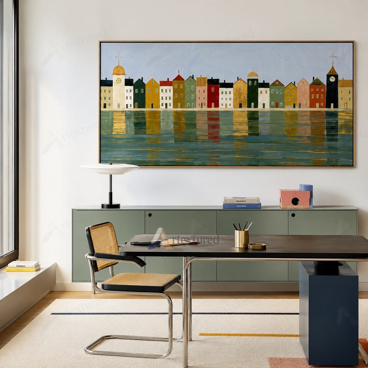 Colorful Waterfront Town Wall Art – Hand-Painted Panoramic Canvas#wp261084