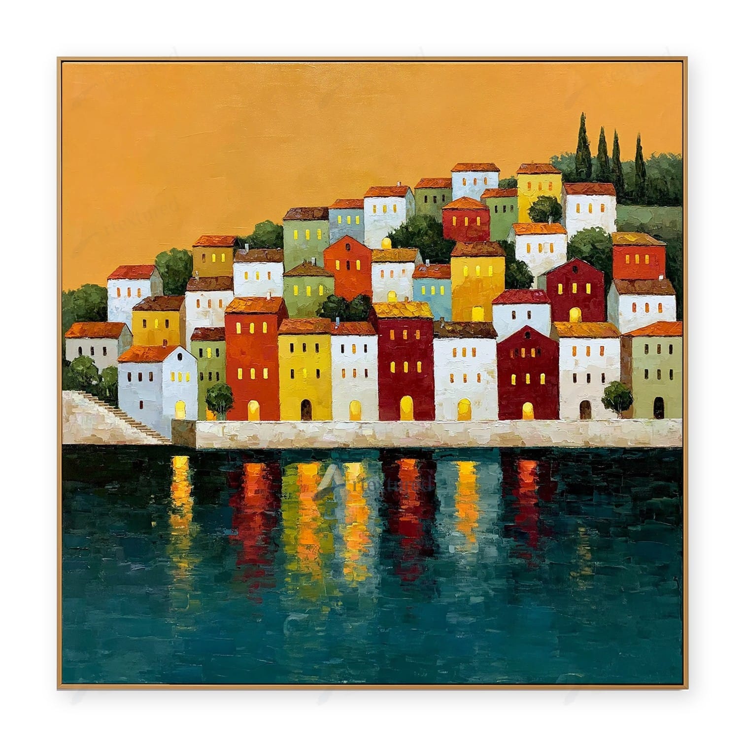 Colorful Hillside Village Wall Art – Hand-Painted Coastal Canvas#wp261085