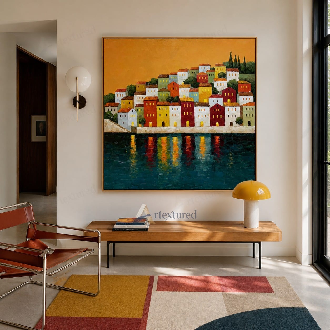 Colorful Hillside Village Wall Art – Hand-Painted Coastal Canvas#wp261085