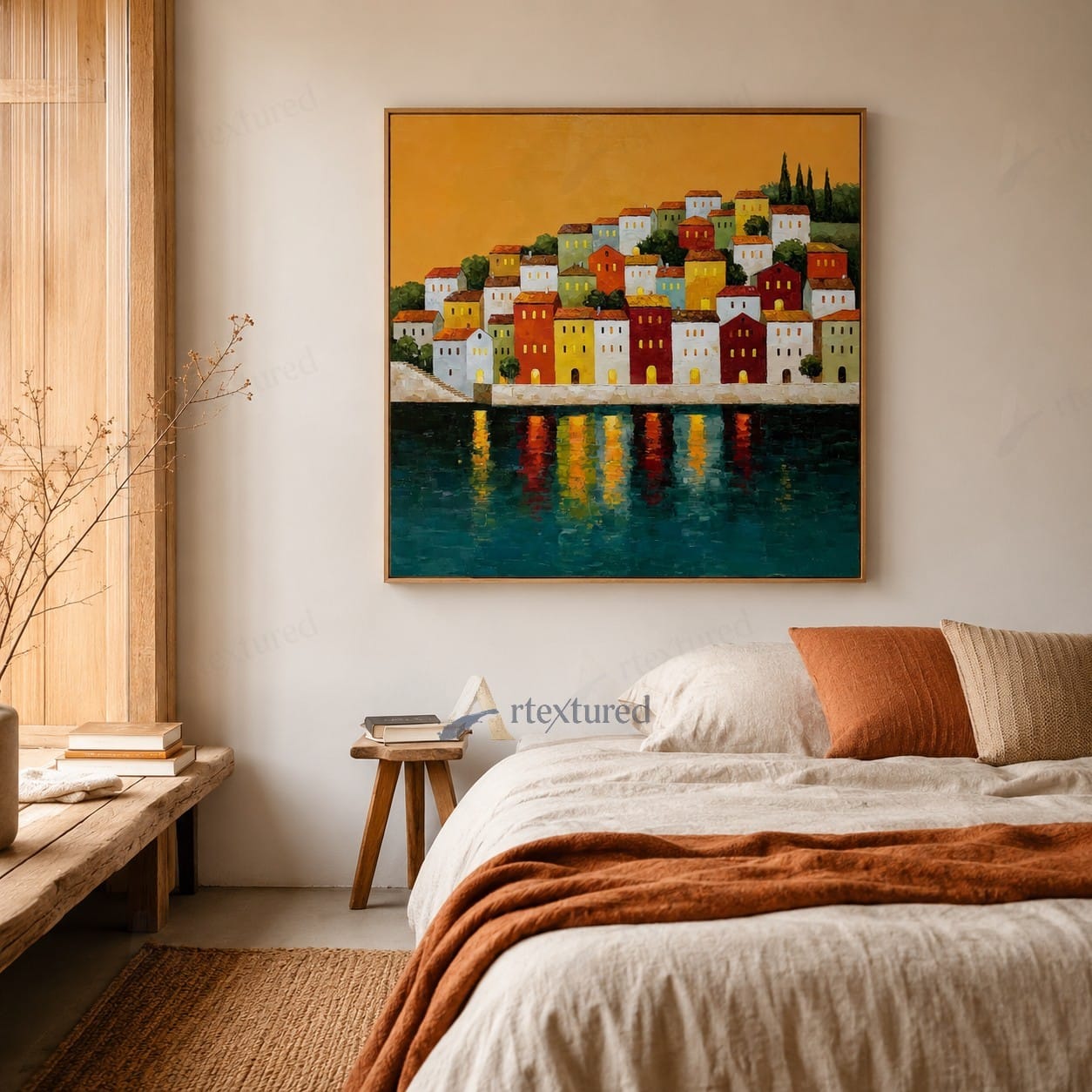 Colorful Hillside Village Wall Art – Hand-Painted Coastal Canvas#wp261085
