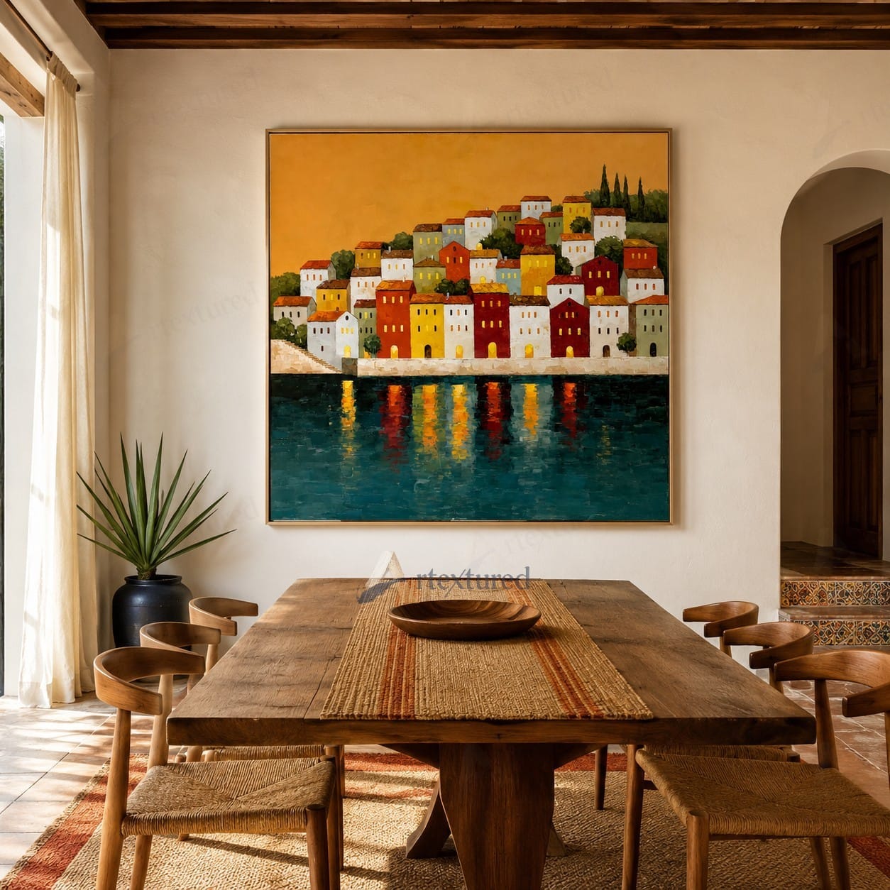 Colorful Hillside Village Wall Art – Hand-Painted Coastal Canvas#wp261085