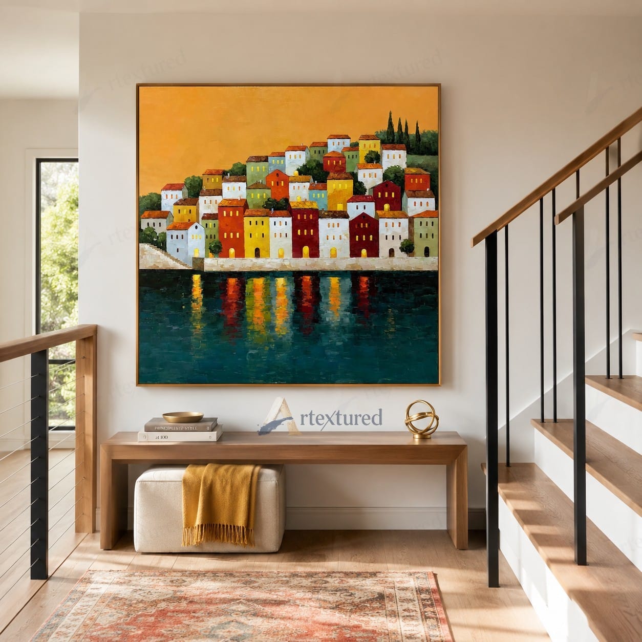 Colorful Hillside Village Wall Art – Hand-Painted Coastal Canvas#wp261085