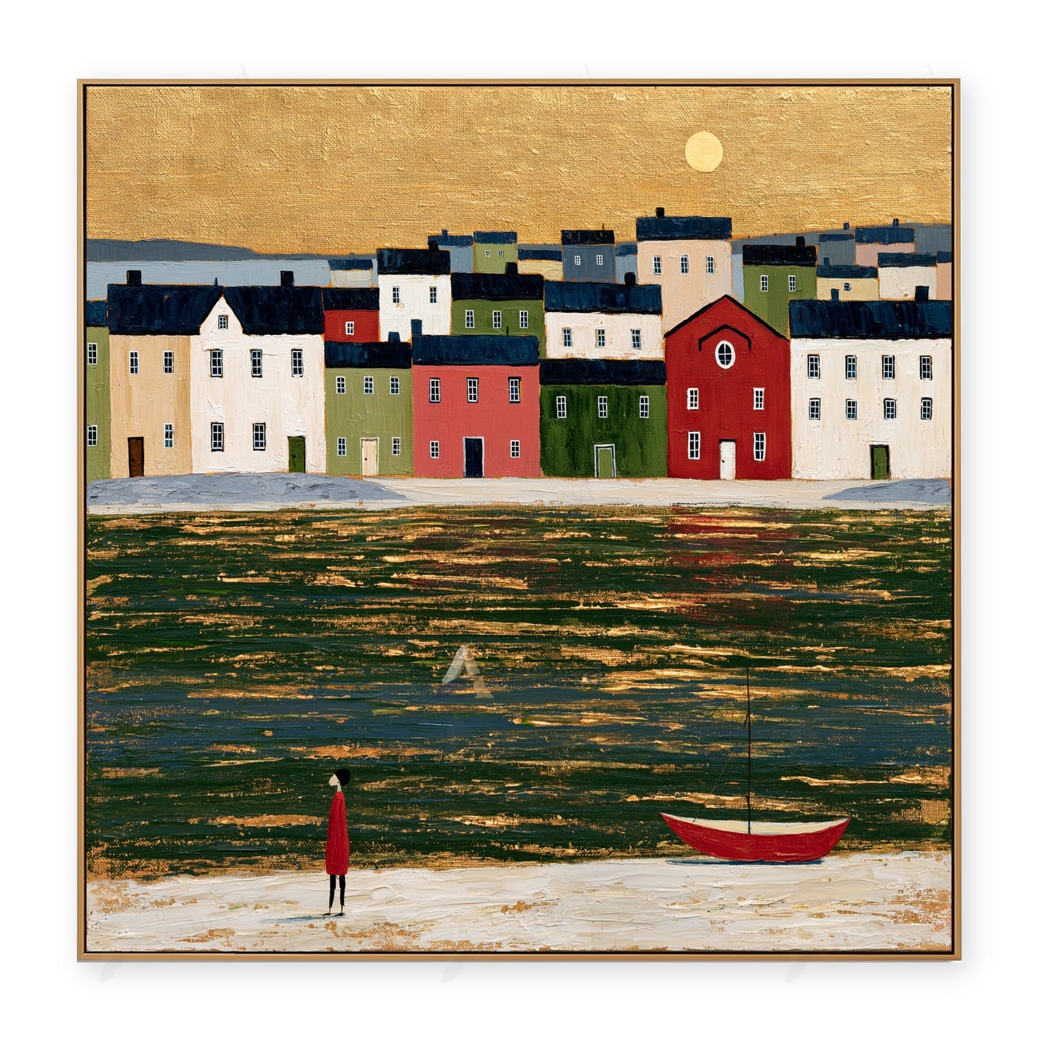 Golden Harbor Village Wall Art – Hand-Painted Coastal Canvas#wp261086