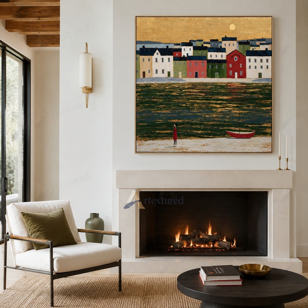 Golden Harbor Village Wall Art – Hand-Painted Coastal Canvas#wp261086
