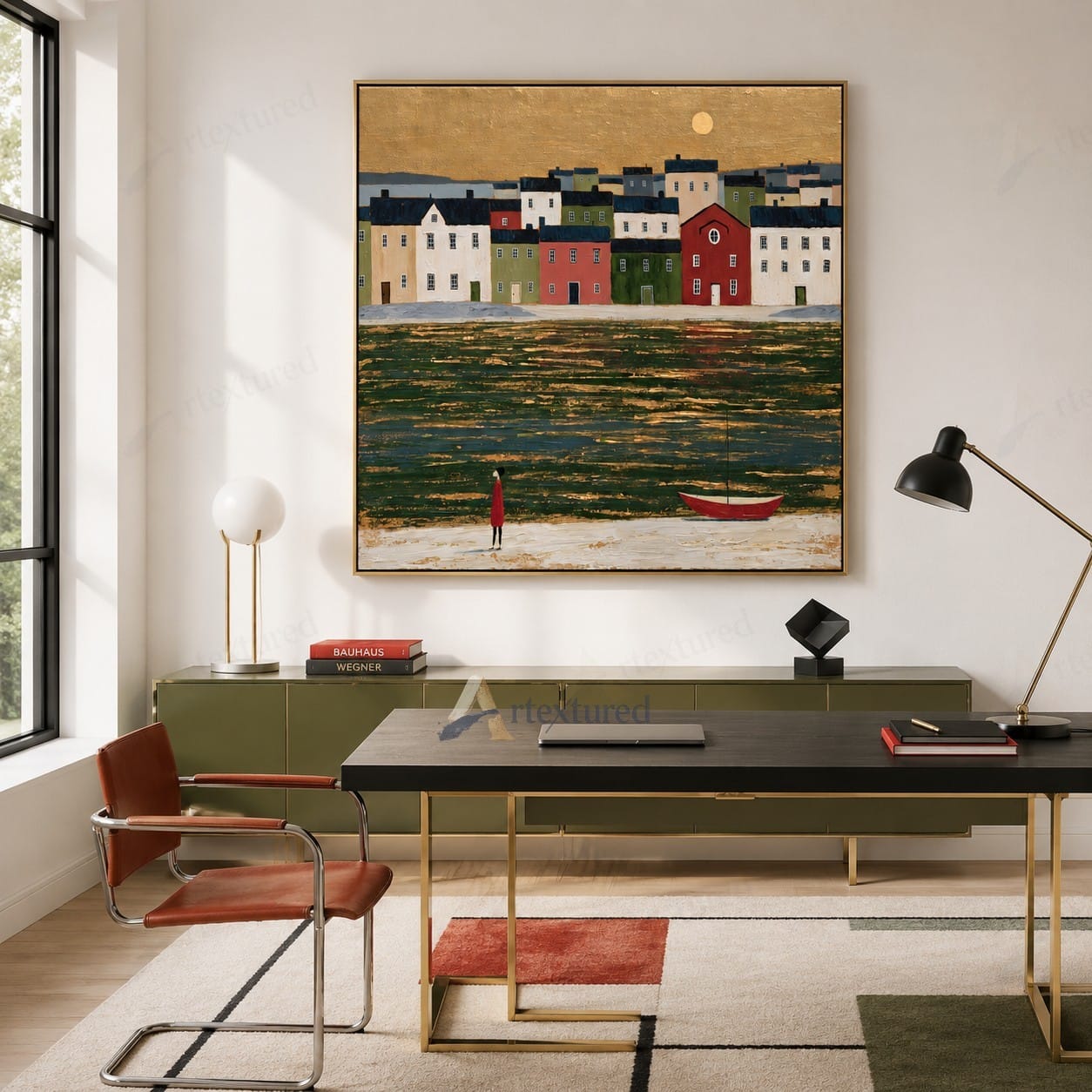 Golden Harbor Village Wall Art – Hand-Painted Coastal Canvas#wp261086