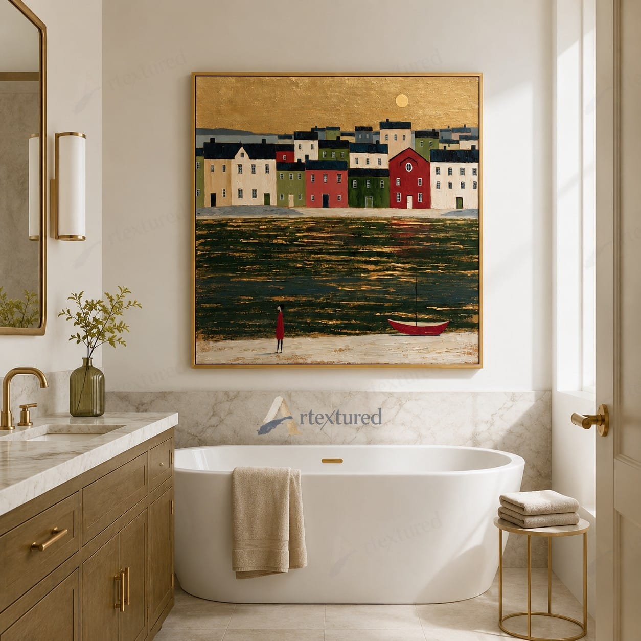 Golden Harbor Village Wall Art – Hand-Painted Coastal Canvas#wp261086