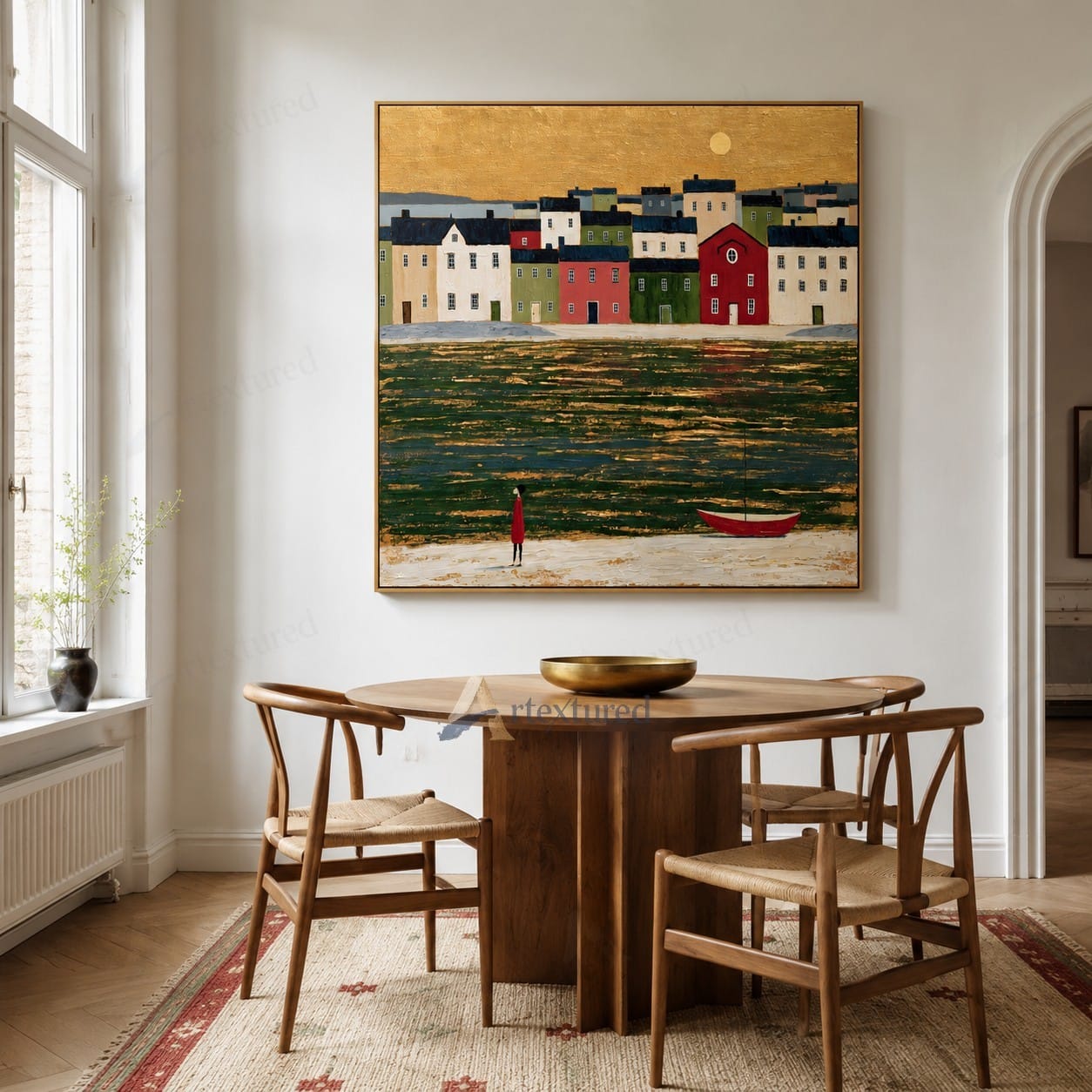 Golden Harbor Village Wall Art – Hand-Painted Coastal Canvas#wp261086