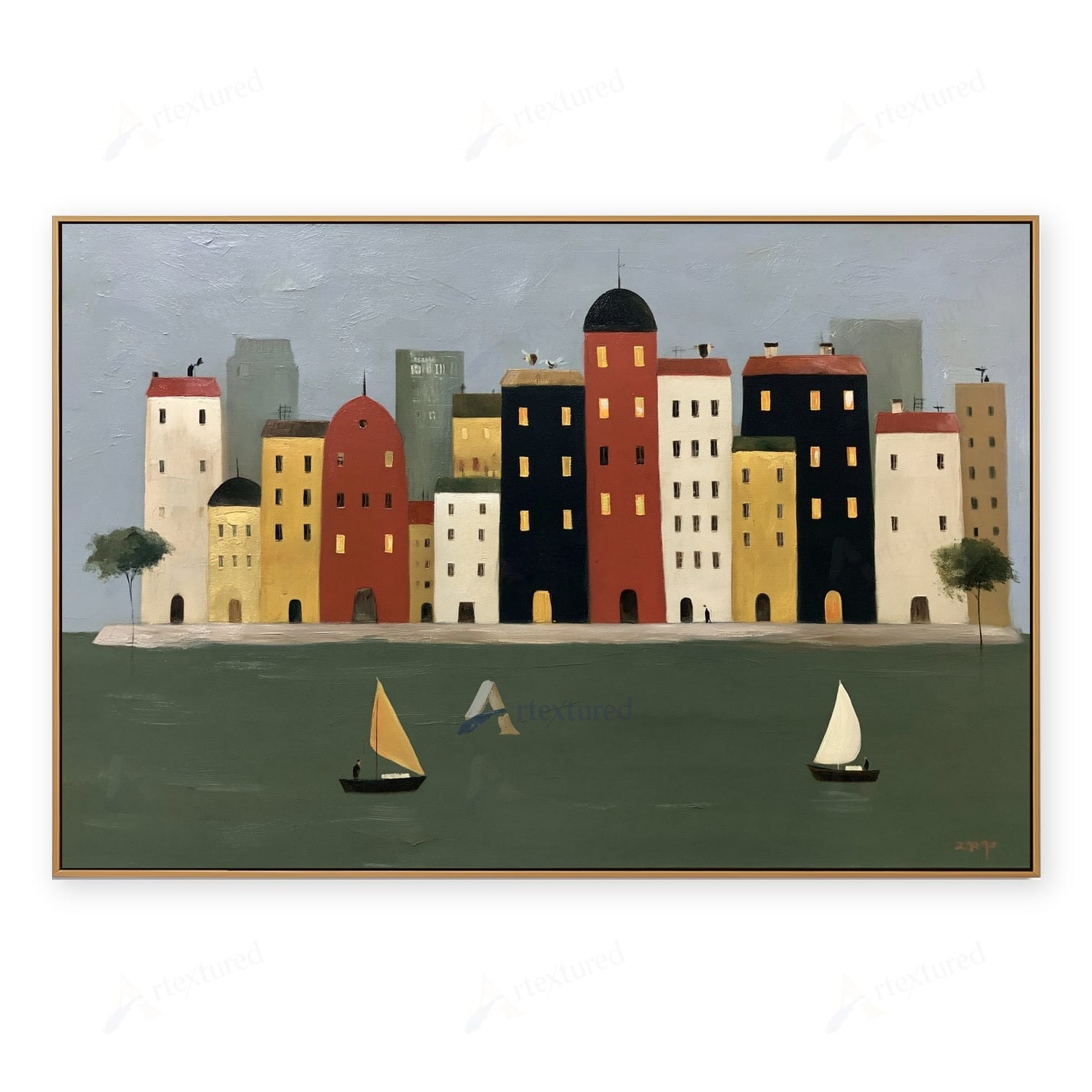 Colorful Waterfront City Wall Art – Hand-Painted Sailboat Canvas#wp261087