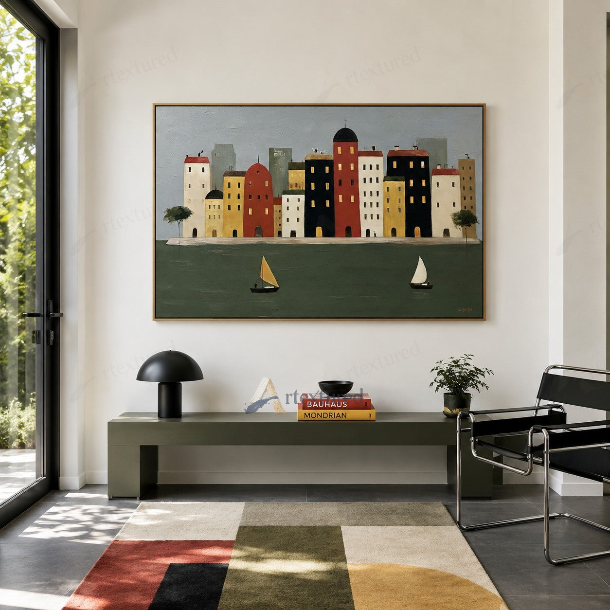 Colorful Waterfront City Wall Art – Hand-Painted Sailboat Canvas#wp261087